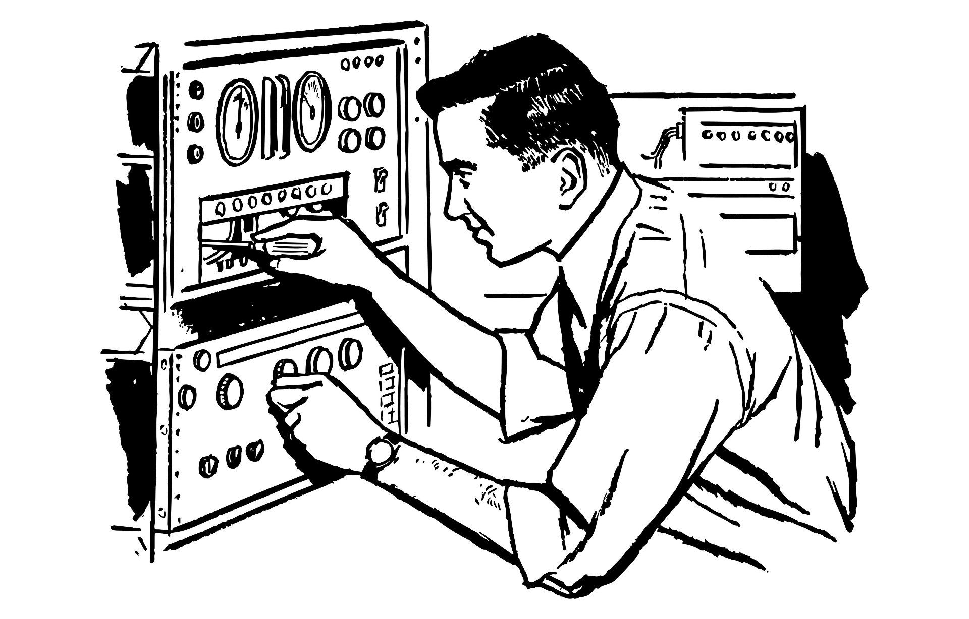 The inventor at work on the machine