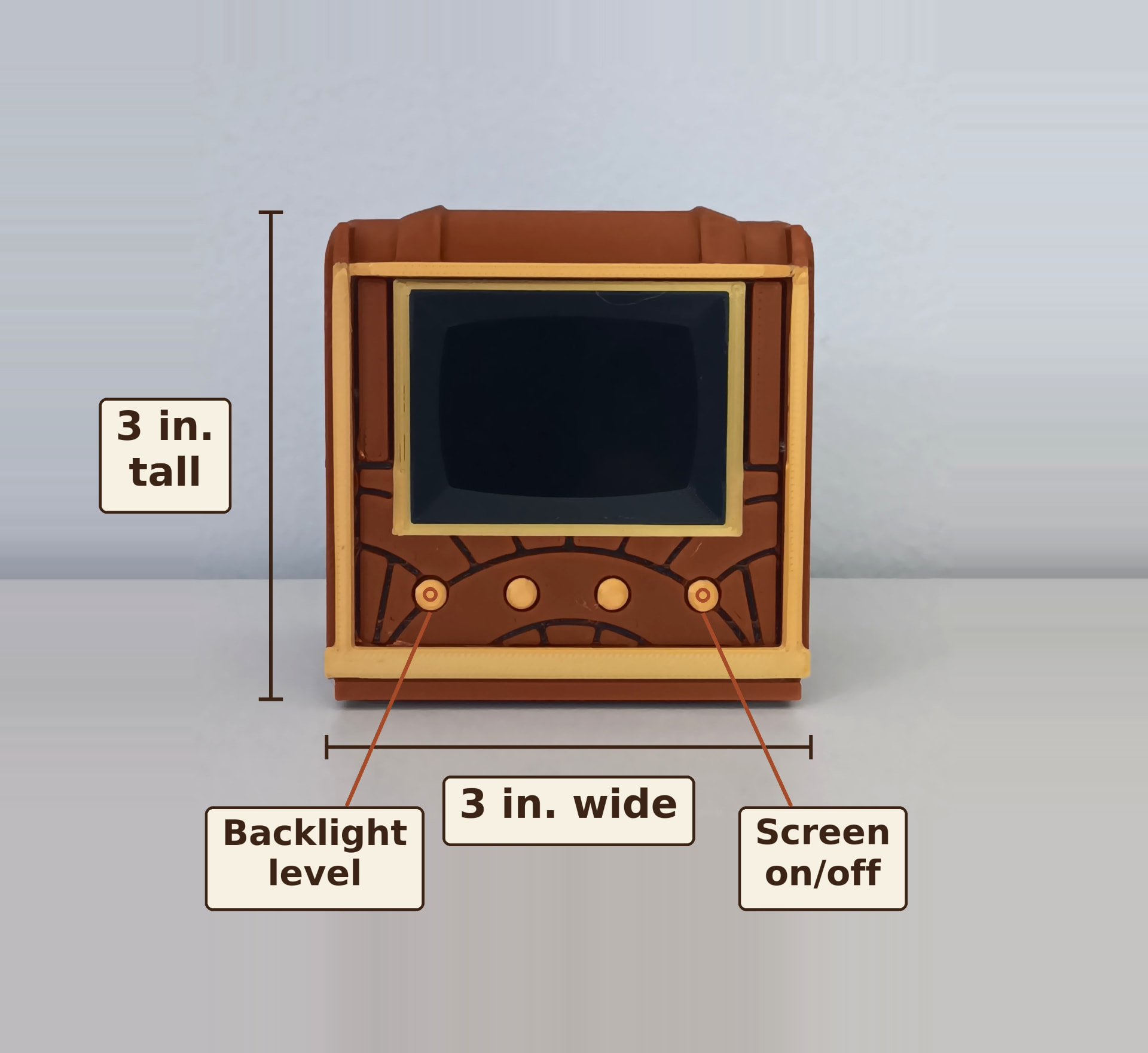 Front view of the Pict-O-Vision Still annotated with 3-inch dimensions and callouts for the backlight level and screen on/off buttons