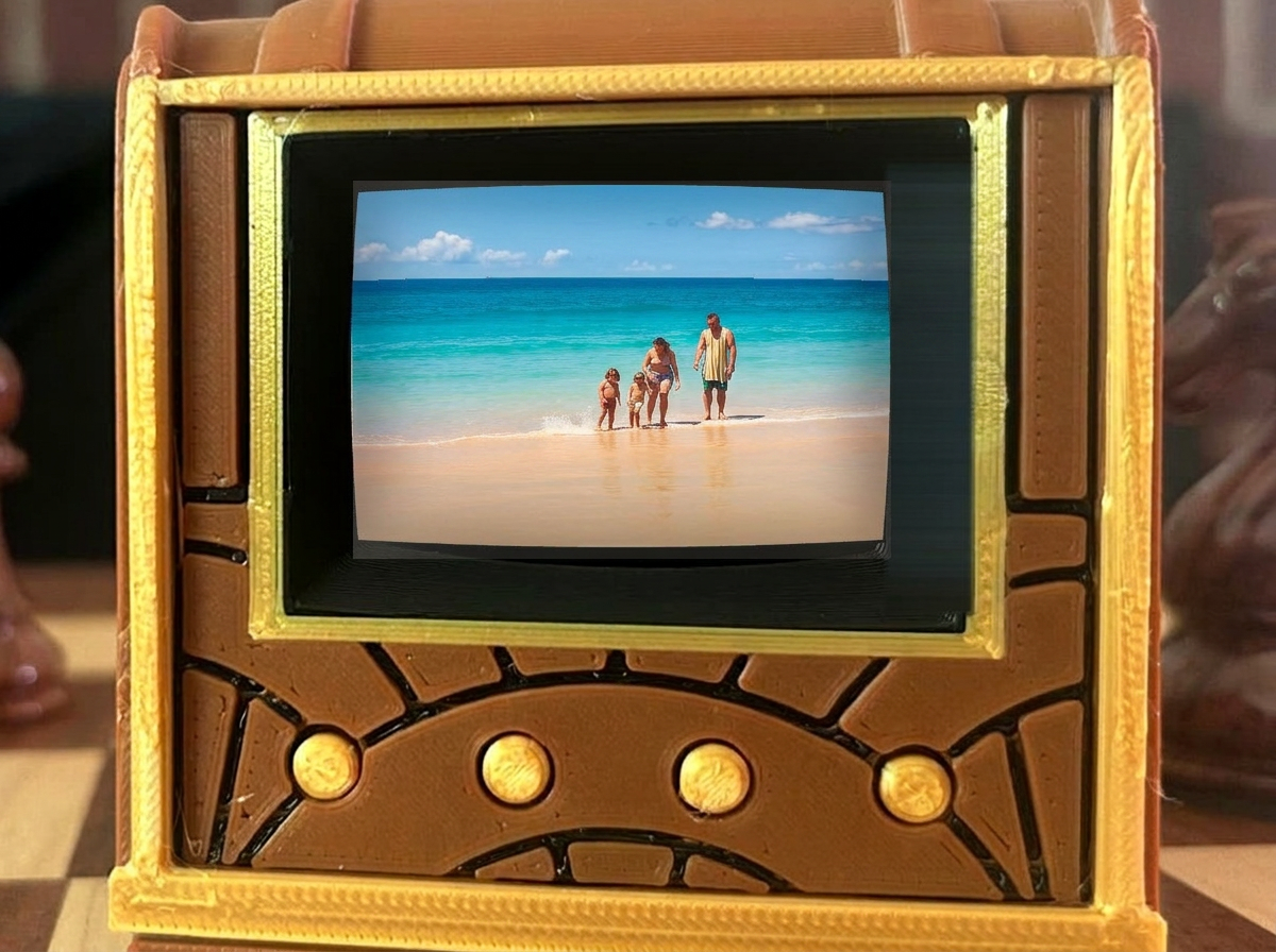 Front view of the Pict-O-Vision Still showing its 2-inch color screen playing a beach photograph