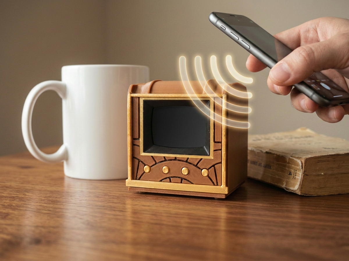 The Pict-O-Vision Still on a wooden desk next to a coffee mug while a hand holds a smartphone up to it, sending a wireless signal to its screen